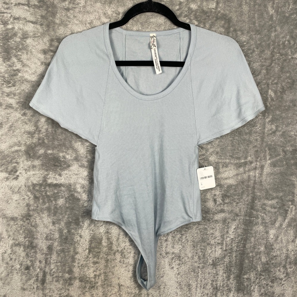 Free People Intimately Bodysuit Women Small Blue New Flutter Sleeve Ribbed Scoop